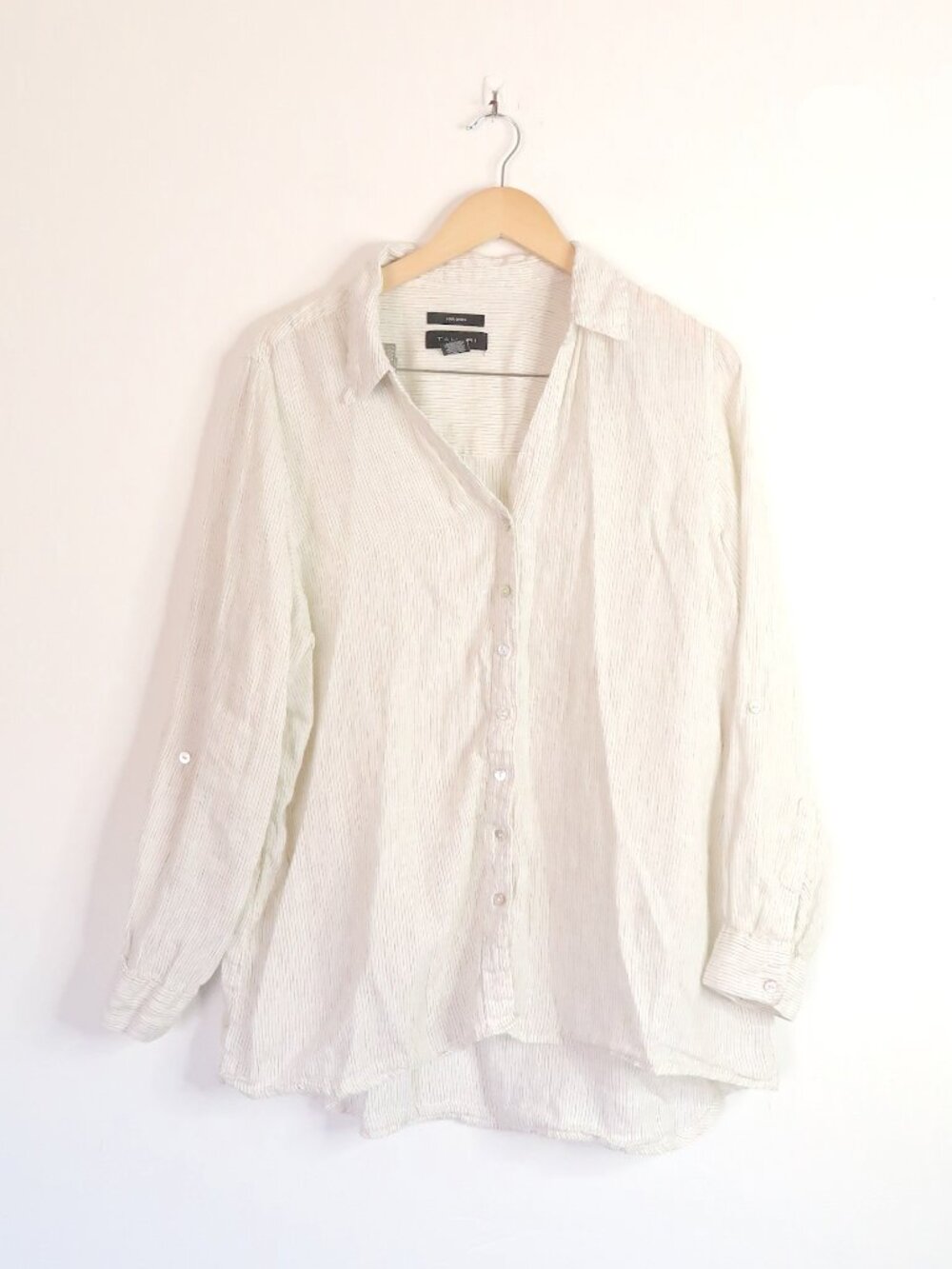 Tahari 100% Linen Striped Button Up Shirt Tan White Coastal Minimalist Resort